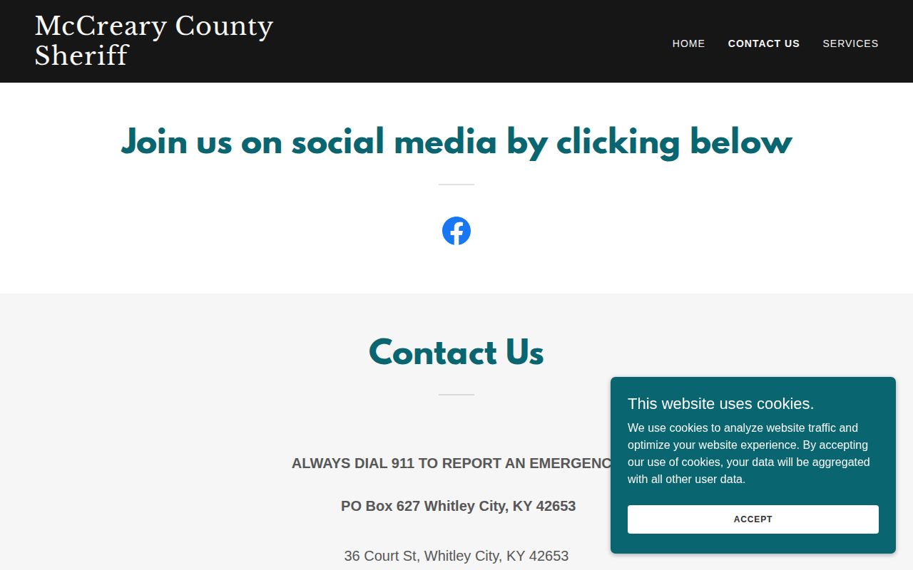 McCreary County Sheriff contact page showing address phone email and office hours