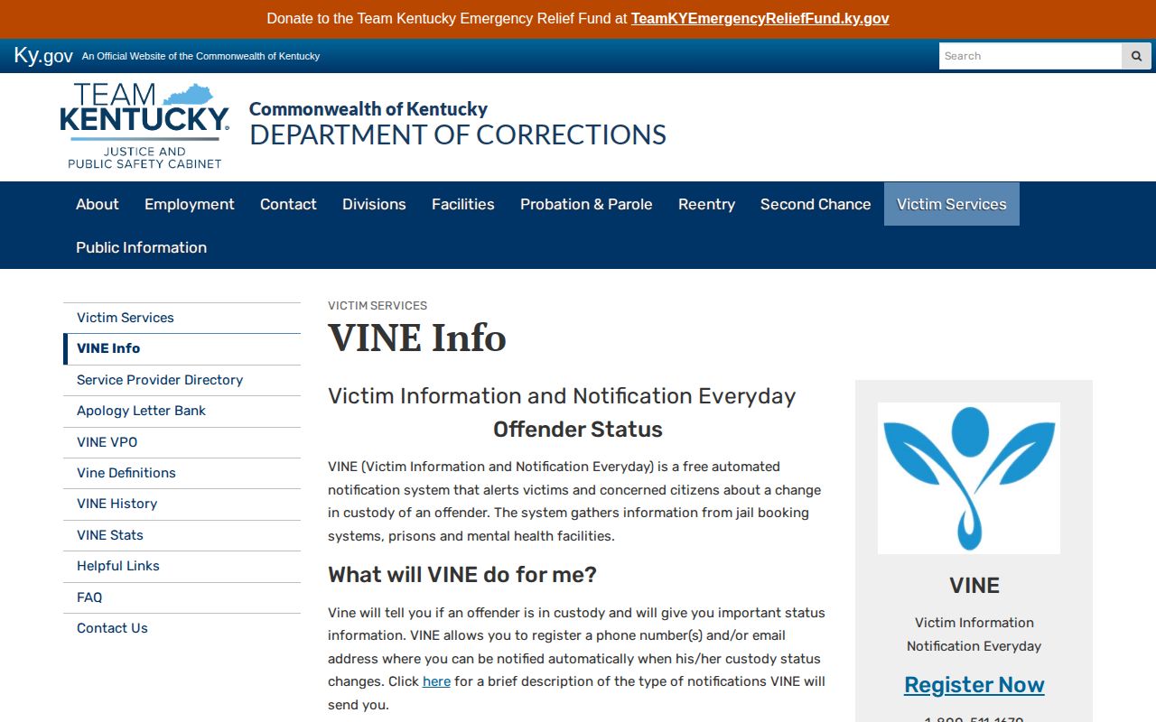 Kentucky Department of Corrections VINE information with official phone and PIN guidance
