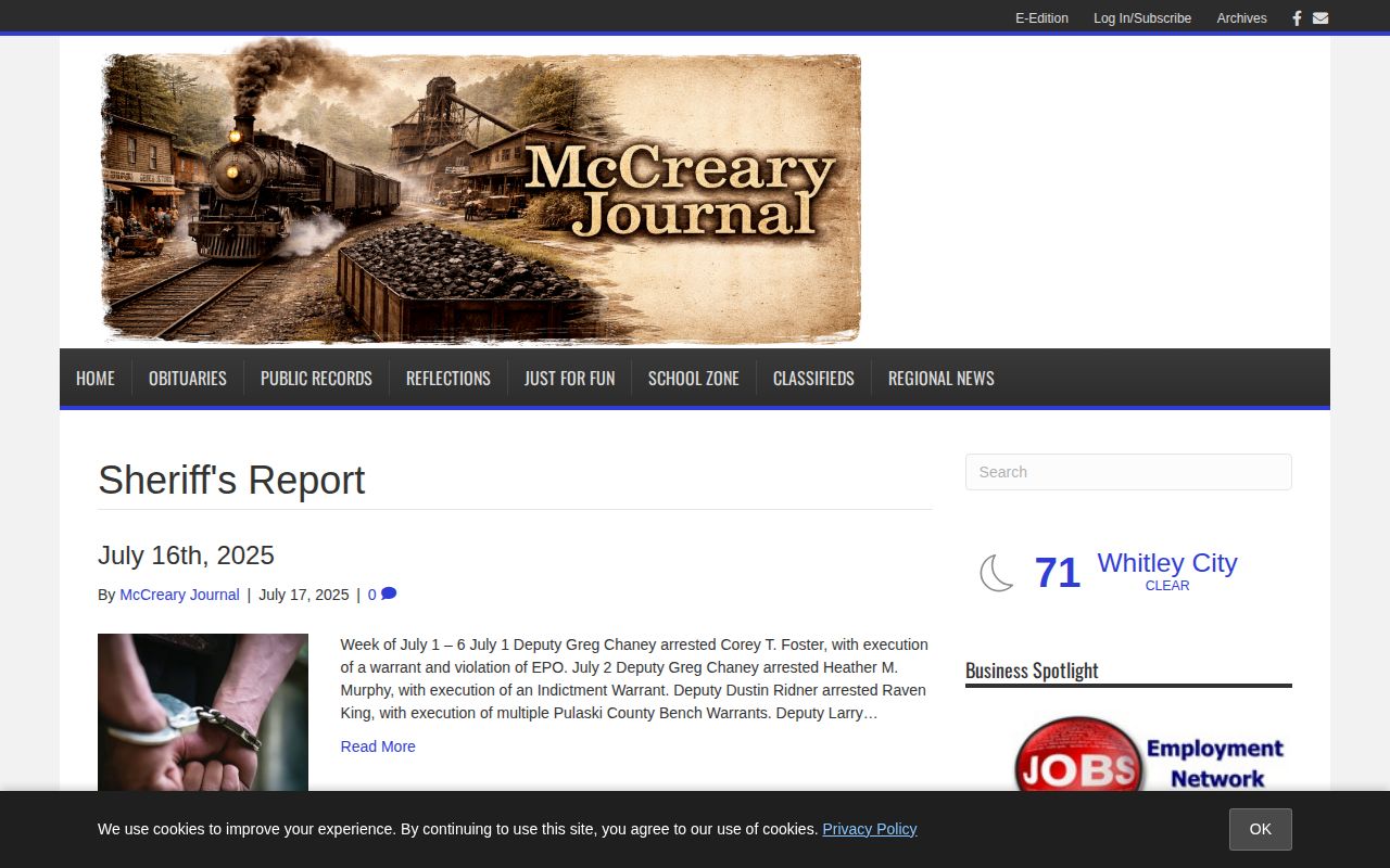 McCreary Journal archive page showing older recurring sheriff reports