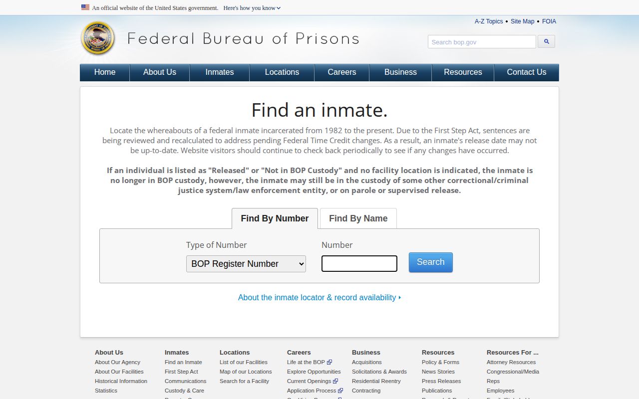 Federal Bureau of Prisons inmate locator name and number search